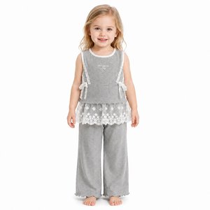 Conjunto de <span class=keywords><strong>Ropa</strong></span> Acanalada para Niñas, Verano 2026, Rosa, Top sin Mangas de Viscosa y Pantalones Acampanados, 2 Piezas, con Dobladillo de Encaje, Estilo Boutique, <span class=keywords><strong>Ropa</strong></span> de Descanso, 3-7 Años, Venta al por Mayor - Product Image 2