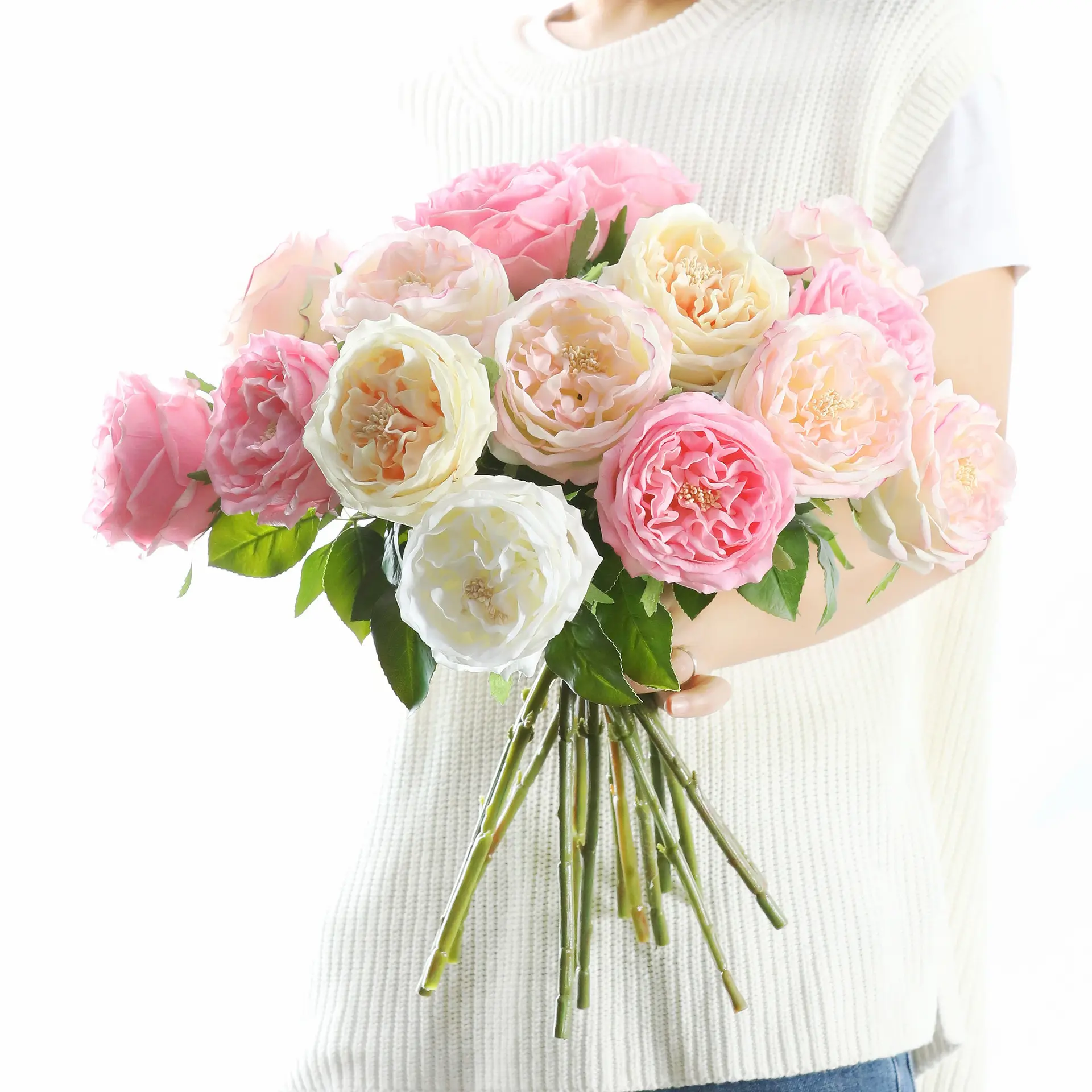 Rosa hidratante de alta sensación de simulación, flores rosas artificiales de Austin para decoración del hogar, decoración del banquete de boda