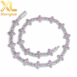 Gorgeous <b>Delicate</b> Romantic Pink Micro Pave CZ Four Petal Flower Link Chain Copper Statement Floral <b>Necklace</b> - Product Image 6