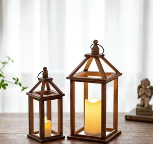 Farmhouse Wood Candle <strong>Lantern</strong> <strong>Set</strong> 12" 16" Rustic Design for Home Decor Wedding Centerpieces Indoor/Outdoor Fireplace - Product Image 2