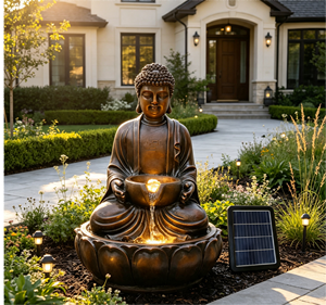 <span class=keywords><strong>Fontaine</strong></span> d'eau <span class=keywords><strong>solaire</strong></span> <span class=keywords><strong>Bouddha</strong></span> assis sur lotus pour la décoration extérieure et de jardin - Product Image 3