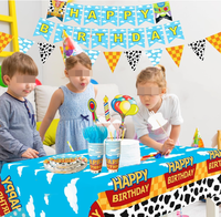 Ensemble de vaisselle jetable pour fête d'anniversaire sur le thème des dessins animés : assiettes en papier, gobelets, serviettes, nappe, couverts, bannière, drapeau, guirlande, fournitures