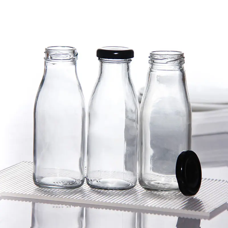 Frasco de vidro vazio para bebidas, embalagem de garrafa de vidro para leite e suco de frutas, com tampa de metal, 200ml/250ml/500ml/1000ml
