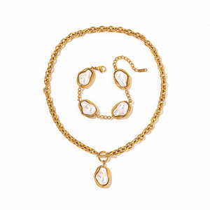 Ensemble collier et bracelet en acier inoxydable, perle baroque, plaqué or 18 carats, vintage, haut de gamme, à porter tous les jours, bijoux unisexes - Product Image 6