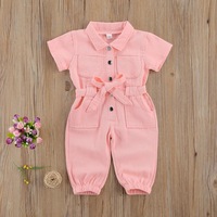 Vêtements pour enfants tendance en gros 2021, couleurs unies mignonnes, tenues en jean à manches courtes, combinaisons pour filles