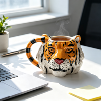 Tasse en céramique 3D en forme de tête de tigre, peinte à la main, tasse à café créative en forme d'animal, tasse à lait et à eau, décoration originale pour la maison, cadeau