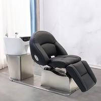 Chaise de shampooing moderne en fibre de salon de coiffure avec base en acier inoxydable, ascenseur électrique, bol et chaise de shampoing rotatifs, meubles de salon de coiffure