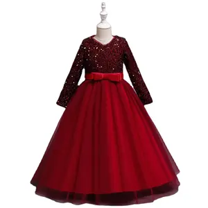 Schlussverkauf Mädchen Party-Kleid Großhandel Pailletten Netz Prinzessin niedlich langärmelig Blumenmädchen Kleider Alter 12