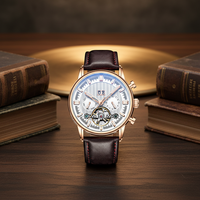 Montre mécanique de luxe de marque haut de gamme pour homme, bracelet en cuir marron, boîtier en acier inoxydable, fermoir à boucle, calendrier hebdomadaire, verre résistant à l'eau
