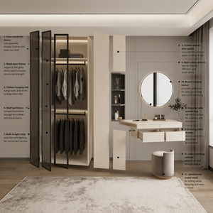 Armoire <span class=keywords><strong>beige</strong></span> victorienne avec étagères ouvertes, tiroirs et porte coulissante, <span class=keywords><strong>commode</strong></span> pour chambre à coucher, coiffeuse personnalisée - Product Image 3