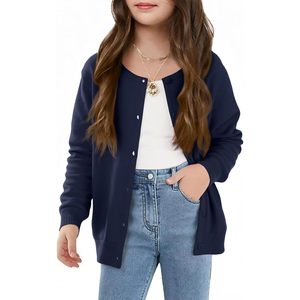 Cárdigan de Punto con Botones para Niñas, Manga Larga, Cuello Redondo, Color Sólido, Estilo Uniforme, 5-14 Años - Product Image 1