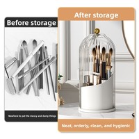 Organisateur de pinceaux de maquillage rotatif en plastique pour bureau, design transparent en forme de cage à oiseaux, pour bijoux, lunettes, rangement anti-poussière pour rouges à lèvres