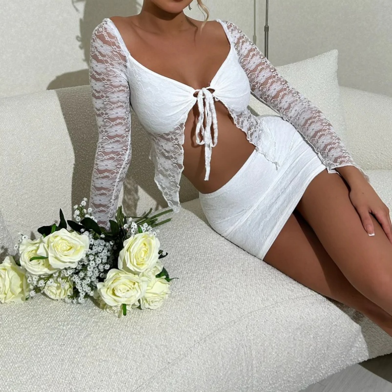 Fashion Lace Women's Set Off Shoulder Lace up Crop Top and Skirt 2 Piece Sets Outfit · image 5