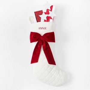 Chaussettes <span class=keywords><strong>de</strong></span> Noël personnalisées brodées en gros, chaussettes <span class=keywords><strong>de</strong></span> Noël matelassées à grand nœud en plaid et velours pour la décoration <span class=keywords><strong>de</strong></span> la maison - Product Image 2