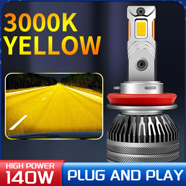 3000K Golden Yellow H11 LED Headlight Bulb 140W High Power Dual Copper Tube 9005 9006 H7 12V 24V Car Fog Light