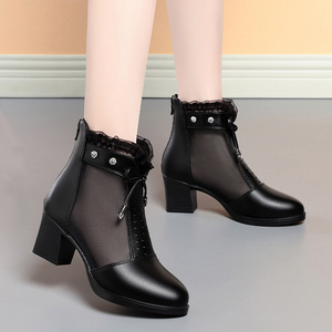 Xuanhui nouveau Style britannique bout pointu plate-forme <span class=keywords><strong>5cm</strong></span> <span class=keywords><strong>talon</strong></span> carré grosses bottines en cuir de maille noire - Product Image 2