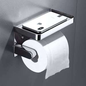 Porte-papier toilette mural en acier inoxydable avec étagère, design moderne, porte-serviettes de salle de bain, style minimaliste rectangulaire - Product Image 3
