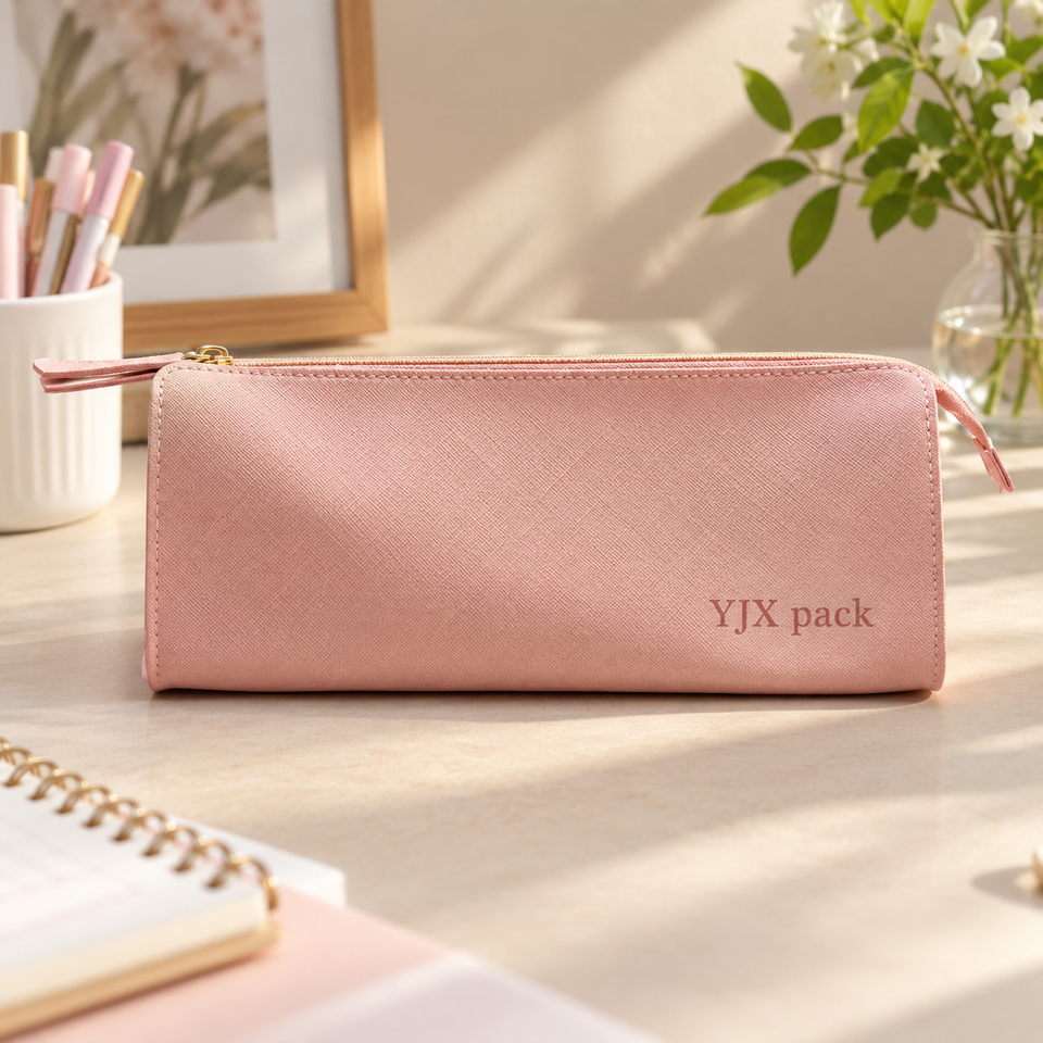 Pink Cross Texture PU Leather Zipper Bag Slim Rectangle Custom Printed ...