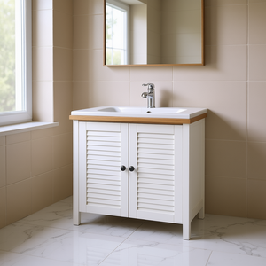 Mueble de Baño con Lavabo Doble de Nogal Blanco, Estantes Rectangulares de Dos Niveles, Independiente, de Madera Pintada - Product Image 2