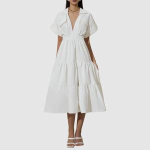 Nuevo Vestido de Verano Transpirable Personalizado, Vestido Midi Tipo Camisa con Escote en V Profundo, Vestido Modesto de Lino con Volantes para Mujer - Product Image 4