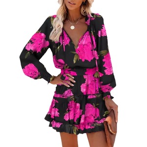 <span class=keywords><strong>Abito</strong></span> Mini da Donna 2026 con Stampa Floreale e Leopardata, Scollo a V, Maniche Lunghe, Vita Arricciata, per Vacanze e Streetwear - Product Image 5