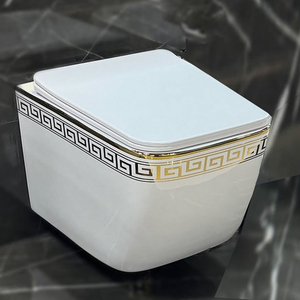 Inodoro de cerámica color marfil con borde dorado, cisterna oculta, inodoro con descarga por inmersión, combo, inodoro sin borde, consola de baño empotrada para el hogar - Product Image 2