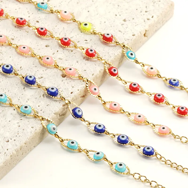 Bracelet œil ovale en or 18 carats turc pour femmes, acier inoxydable, titane, galvanoplastie avec pierres et perles.
