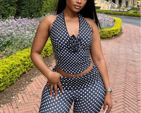 Ensemble 2 Pièces Sexy pour Femme : Haut Halter et Pantalon Moulant à Pois – Tenue Sportive et Streetwear