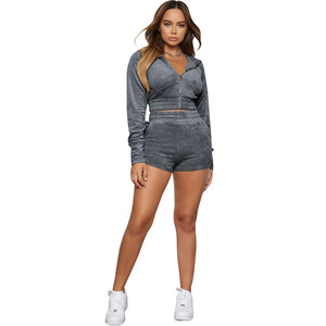 2026 popular European and American style hooded long sleeved and <b>tight</b> <b>shorts</b> solid color sports suit - Product Image 6