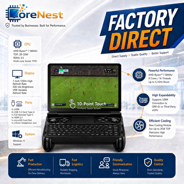 CoreNest WIN Mini 7 Inch Handheld Gaming Laptop AMD Ryzen 7 8840U 120Hz VRR LTPS Display 16GB LPDDR5x 1TB SSD Pocket Game Laptop
