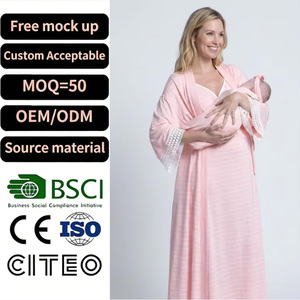Conjunto de Bata de Lactancia Personalizada para Mamá e Hija, Algodón a Rayas, Pañuelo para la Cabeza a Juego, Servicio OEM - Product Image 1