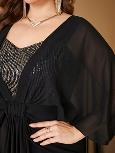 <span class=keywords><strong>Robe</strong></span> <span class=keywords><strong>longue</strong></span> en mousseline de soie noire à sequins, col en forme de cœur, manches chauve-souris, taille plus, pour femmes, idéale pour les soirées <span class=keywords><strong>et</strong></span> les galas - Product Image 6