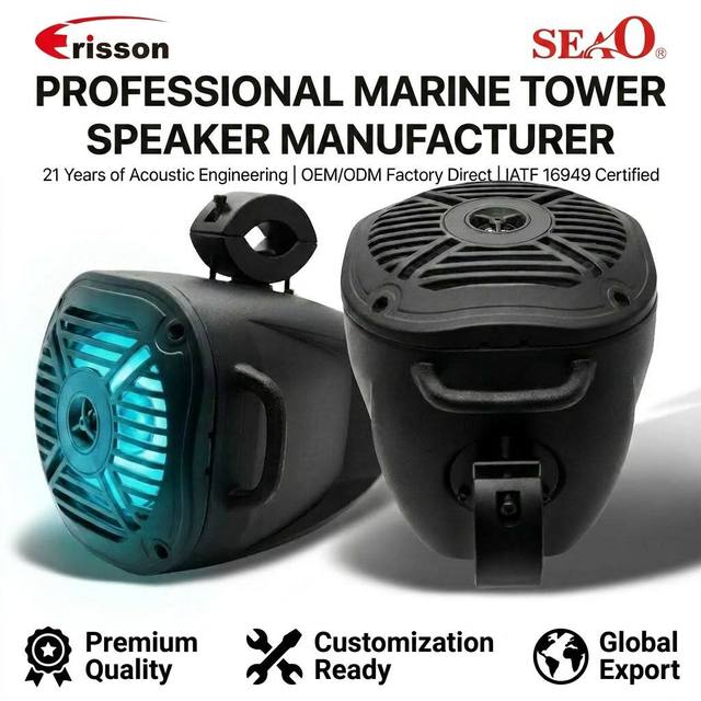 Factory 60W Marine Tower Speaker IATF 16949 Waterproof IPX7 Boat Wakeboard Speaker with UV Protection & LED Light Controller