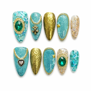 Faux ongles artisanaux en amande à presser, avec paillettes et strass, couvrance totale, réutilisables, avec colle pour nail art - Product Image 1