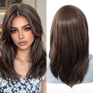 Perruque MONO à base filet, nouée à la main, en fibre japonaise haute température, effet naturel, coupe dégradée, raie centrale, frange, raie libre, cheveux lisses et volumineux - Product Image 6