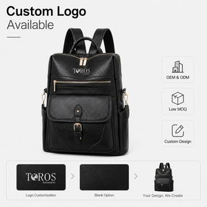 Custom Logo <strong>Black</strong> PU <strong>Leather</strong> <strong>Women</strong> Backpack Multi-pocket Large Capacity Travel Bag Fashion Ladies School <strong>Rucksack</strong> Wholesale OEM - Product Image 1