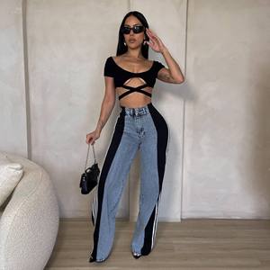 Nouveau design 2024, <span class=keywords><strong>jean</strong></span> décontracté à patchwork, jambes larges, taille haute, extensible, longueur entière, coupe droite, pantalon en <span class=keywords><strong>jean</strong></span> pour femmes - Product Image 2
