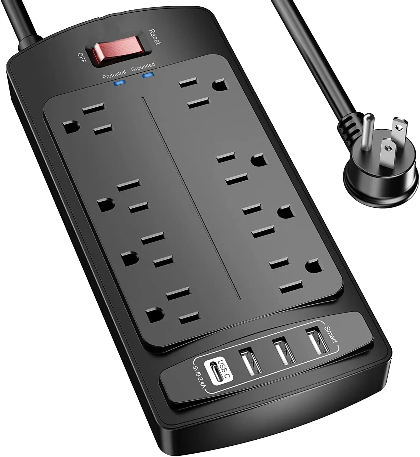Удлинитель с 8 розетками и 4 портами USB 6 футов шнур питания 2700 джоулей черный плоский штекер с защитой от перенапряжения