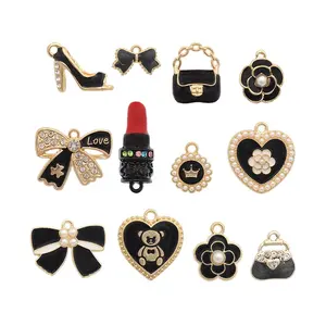Cartoon High Heeled Lipstick Handbag Camellia bow Shaped Enamel Dripping Oil Jewelry Charms Pendants for DIY Necklace Bracelet