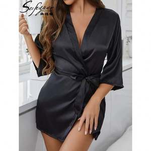 SFY2983 Al por mayor, lujosa bata de dormir de satén de seda de color liso con cuello en V y cintura elástica para mujer, camisón informal, pijama - Product Image 2