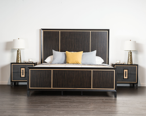 Modern Adjustable Convertible Soft <b>Bed</b> <b>Queen</b> <b>Size</b> Espresso High Panel Headboard with Gold Accent Trim - Product Image 2