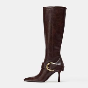 Botas Women's Pointed <b>Toe</b> Knee High Boots Stiletto Heel Buckle Strap Leather Dress Boots - Product Image 1