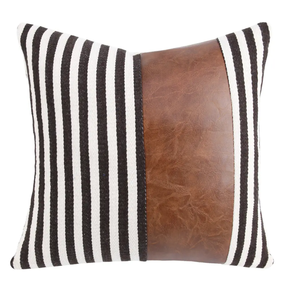 Good quality ticking stripe pillow cover 18 x 18 patchwork PU leather cushion covers
