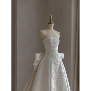 Abito <span class=keywords><strong>da</strong></span> <span class=keywords><strong>Sposa</strong></span> Francese Personalizzato ed Elegante per Donna, Senza Spalline in Raso con Fiocco, Taglie Grandi, <span class=keywords><strong>Velo</strong></span> Principale, Sensazione di Lusso - Product Image 2