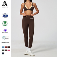 Logo Kustom Grosir Set Yoga 2 Potong Wanita Warna Kontras Sport Bra Legging Pinggang Tinggi Bahan Bernapas Set Olahraga Fitness Gym