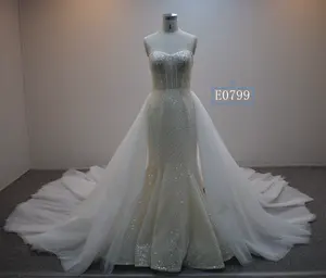 Detachable Skirt Sweetheart Mermaid Wedding Gown Backless Sleeveless Pearls Fabric Beading Champagne Bridal Dress