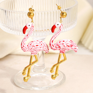 Flamingo Drop <b>Earrings</b> 18k <b>Gold</b> Plated Stainless Steel Animal Design Party Fashion <b>Dangle</b> <b>Earrings</b> - Product Image 2