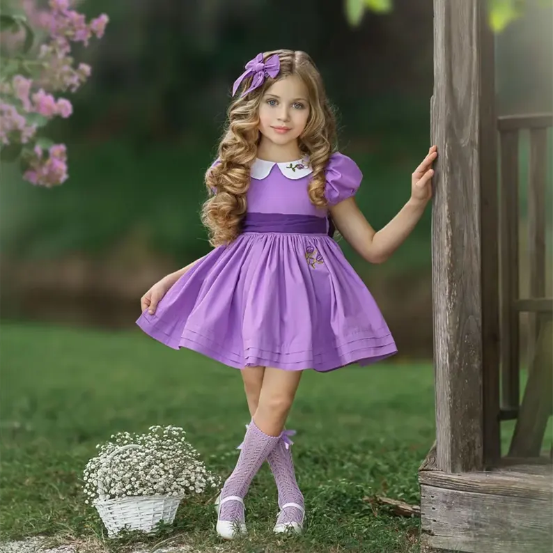 Custom Summer Purple Embroidered Floral Smock Cute 100% Cotton Natural Organic Casual Dresses Girls Dresses