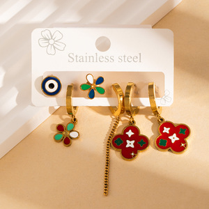 Juego de Aretes de Acero Inoxidable Chapados en Oro para Mujer, Aretes Colgantes Vintage con Diseño de Ojo de Demonio, Corazón y Trébol de Cuatro Hojas, Joyería Impermeable - Product Image 6