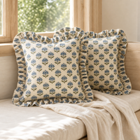 Housse de coussin carrée en coton à volants imprimé motif lotus bleu pour canapé, salon, décoration intérieure, vente en gros